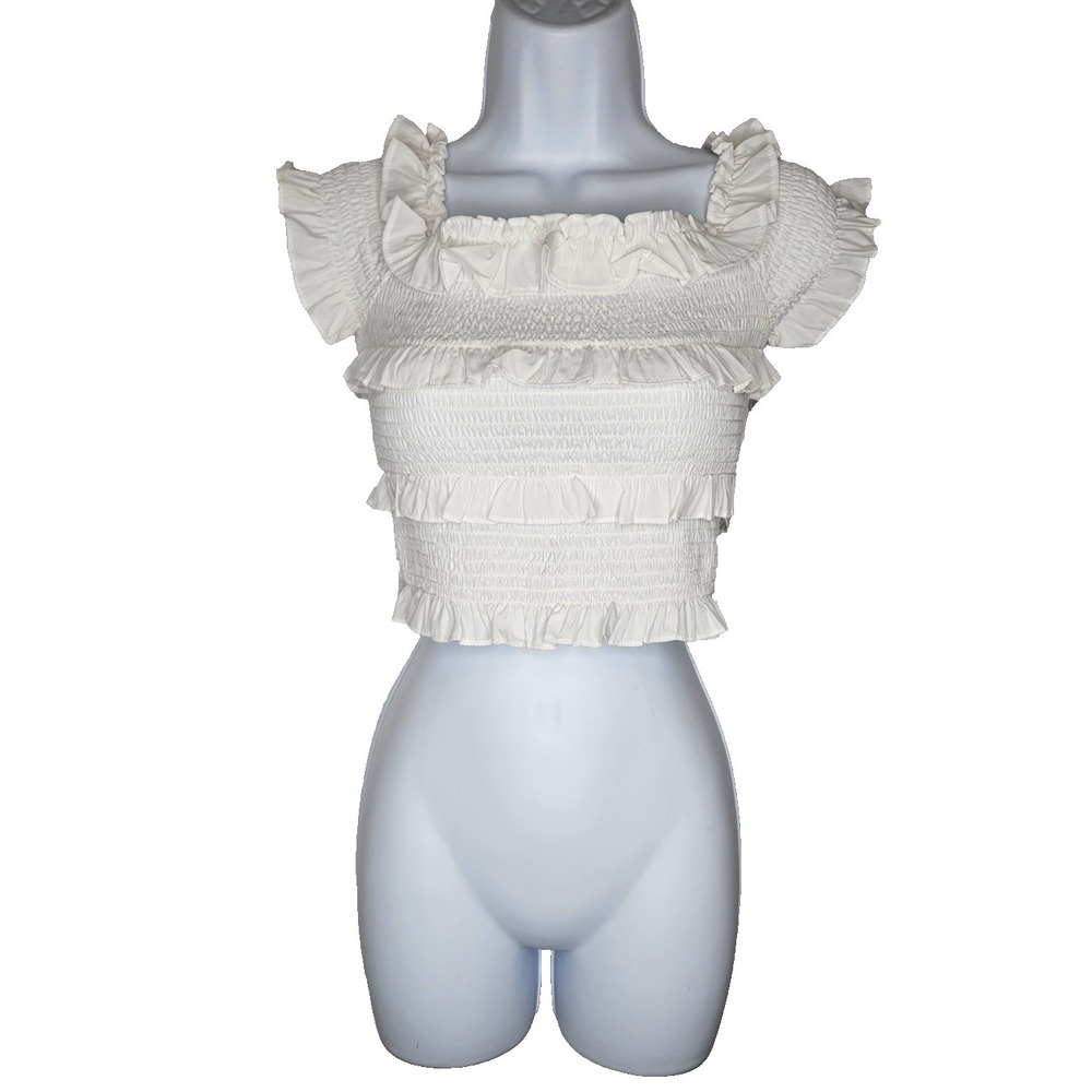 Vero Moda Smocked Ruffle Crop Top Cream‎ Cottagecore Blouse S Milkmaid style